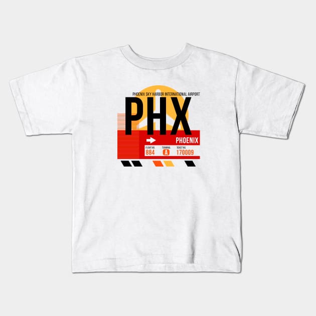 Phoenix (PHX) Airport // Sunset Baggage Tag Kids T-Shirt by Now Boarding